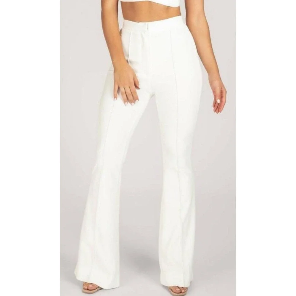 MESHKI Zendaya Highwaisted Flare Pants Ivory‎ White Womens Large NWT